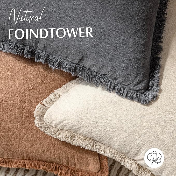 Foindtower Set of 2 Decorative Linen Fringe Throw Pillow Covers Cozy Farmhouse Boho Cushion Cover with Tassels Soft Accent Pillowcase for Couch Sofa Bed Living Room Home Decor 20×20 Inch Gray