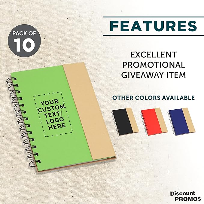 DISCOUNT PROMOS Custom Eco Friendly Spiral Notebooks with Pens Set of 10, Personalized Bulk Pack - Perfect for School, Office, Home - Green