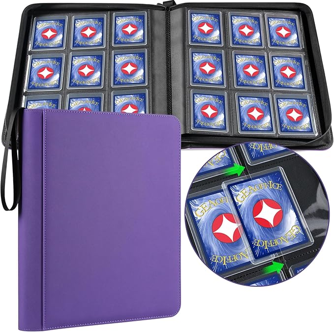 GEAoffice Waterproof Top Loader Binder Holds 324 Cards, Side Loading 9 Pocket Card Binder for Toploader, PU Leather Card Collection Album Folder Holder for 3"×4" Rigid, MTG, TCG, Sports Cards, Purple