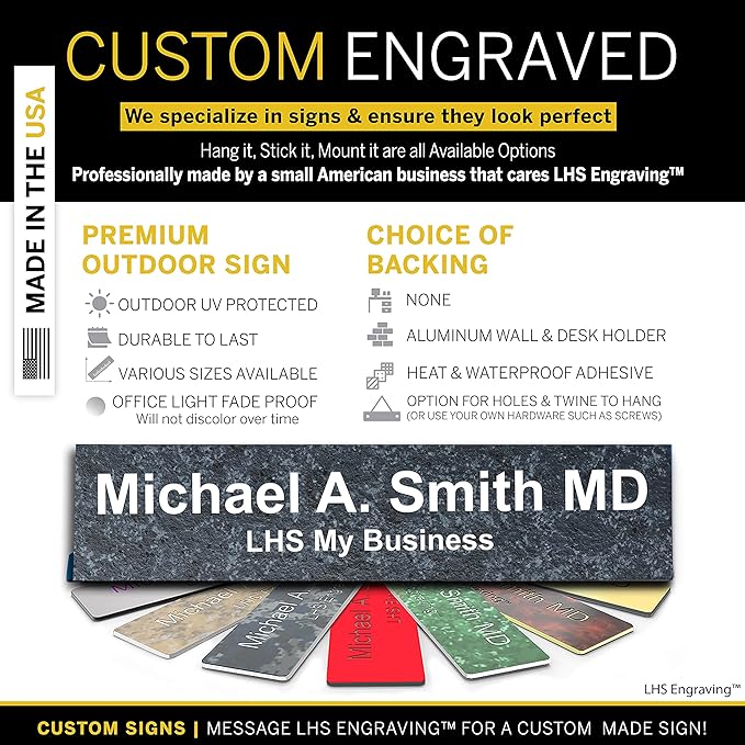 Engraved Door Signs for Office Personalized Mojave Plastic Door Plaque White Letters - Made in USA 2x8 N8
