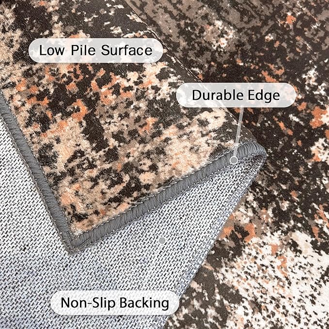 GENIMO Washable Area Rugs for Living Room, 9x12 Vintage Non Slip Rugs, Low Pile Lightweight Soft Print Rug for Bedroom, Dining Room, Home Office, Brown Orange