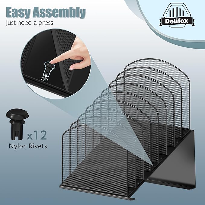 Inclined Desk File Organizer, 8-Section Upright Desk Organizer File Sorter for Office Classroom Desktop Organization, Black, 1Pack