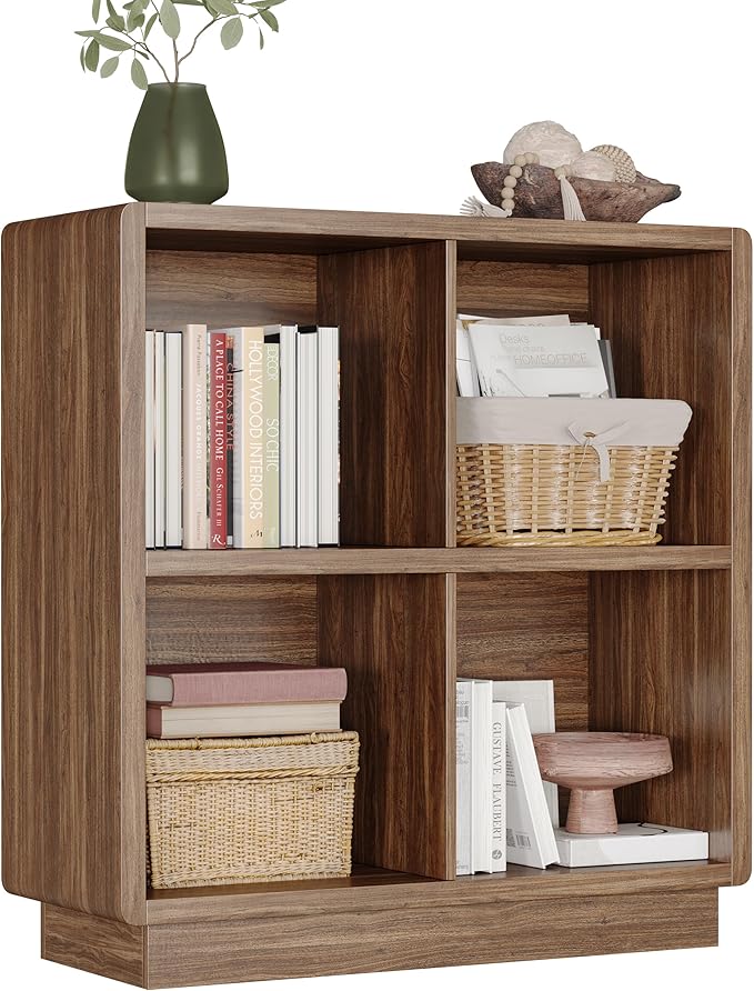 ChooChoo 4 Cube Storage Organizer, Wooden Bookcase with Storage, Cube Storage Bookshelf for Bedroom and Home Office, Brown Walnut
