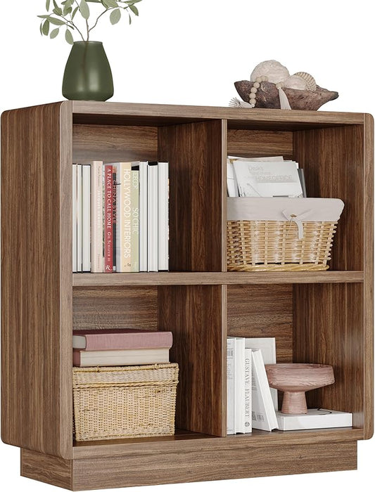 ChooChoo 4 Cube Storage Organizer, Wooden Bookcase with Storage, Cube Storage Bookshelf for Bedroom and Home Office, Brown Walnut
