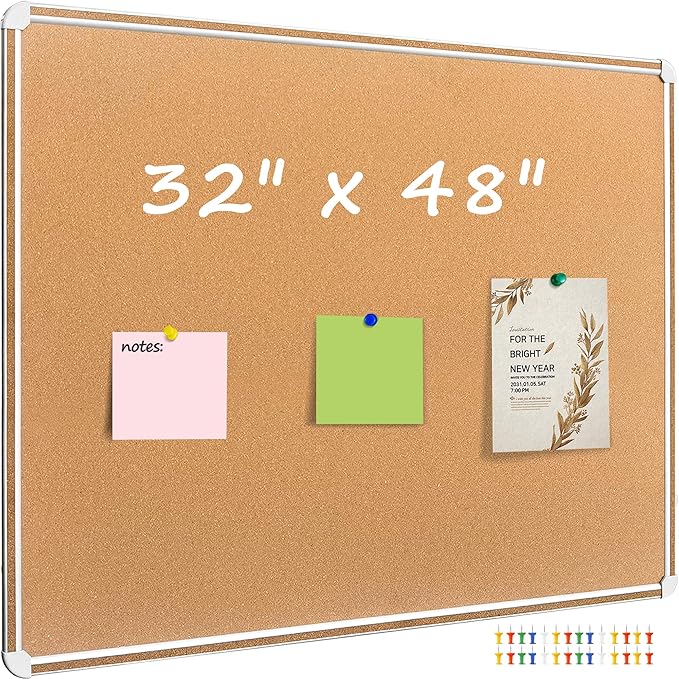 Cork Bulletin Board, 48 X 32 Inches Cork Strip Frame Message Vision Board, Large Wall Mounted Notice Memo Pin Board with 28 Push Pins