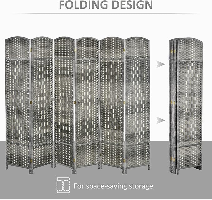 HOMCOM 6 Panel Room Divider, 6' Tall Folding Privacy Screen, Hand-Woven Freestanding Wall Partition for Home Office, Bedroom, Mixed Gray