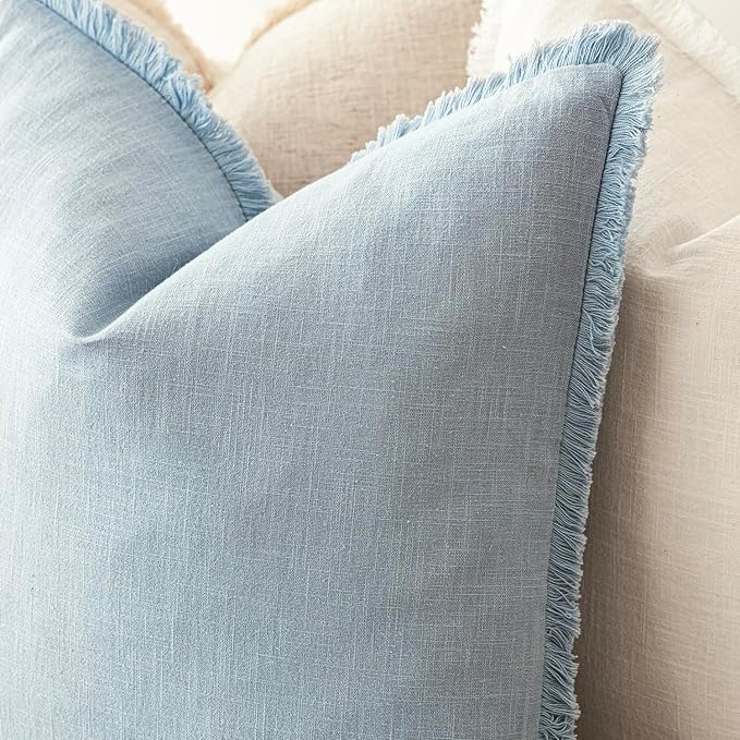 Foindtower Set of 2 Decorative Linen Fringe Lumbar Throw Pillow Covers Boho Farmhouse Cushion Cover with Tassels Soft Accent Pillowcase for Couch Sofa Bed Living Room Home Decor,12×20 Inch,Sky Blue