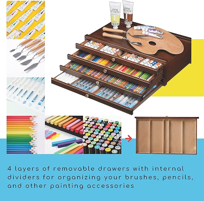 MEEDEN 4-Drawer Art Supply Storage Box - Large Capacity Multi-Function Beech-Wood Pencil Box with Drawer & Compartments for Organizing Pastels, Pencils, Pens, Markers, Brushes & Stamp, Walnut