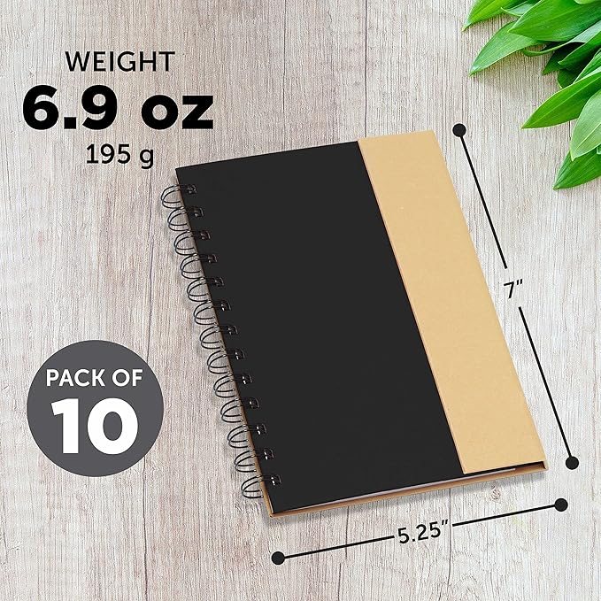 DISCOUNT PROMOS Eco Friendly Spiral Notebooks with Pens Set of 10, Bulk Pack - Perfect for School, Office, Home - Black