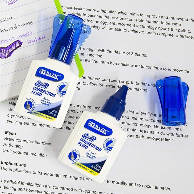 BAZIC Products Correction Liquid 2 in 1 (0.74 oz / 22 ml), Foam Brush & Precise Metal Tip Applicator, Instant Corrections Pen White Out Wipe Out Fluid, 24-Pack