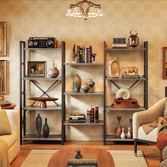 SUPERJARE Triple 4 Tier Bookshelf, Bookcase with 11 Open Display Shelves, Wide Book Shelf Book Case for Home & Office, Grey