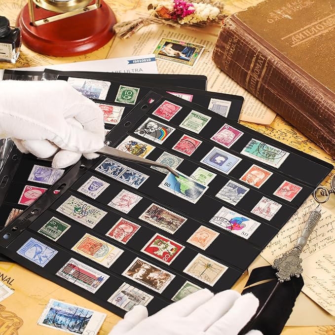 10 Sheets 20 Pages Postage Stamp Album Pages, 8 Pockets 7.7X 1.18in Stamp Collection Inserts, 9 Hole Standard Stamp Collecting Album Sleeves for Stamp Collection Binder IS010810