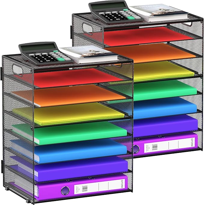 GoldOrcle 2 Pack 8 Tier Paper Letter Tray Organizer with Handles, Mesh Desk File Holder Storage Organization for Home School Classroom & Office
