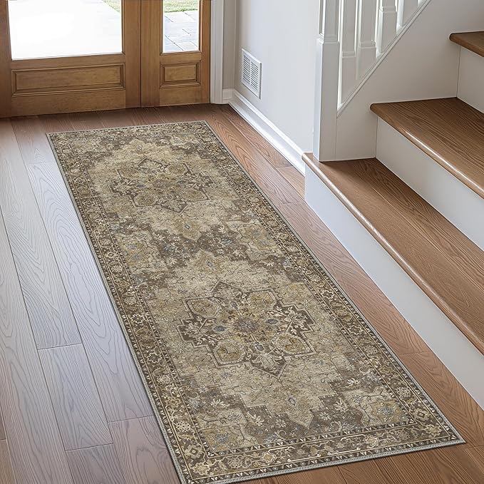 GENIMO 2'6''x7 Runner Rugs for Hallway, Machine Washable Non Slip Vintage Rugs, Low Pile Lightweight Soft Print Rug for enrtyway, Corridor, Home Office, Kitchen, Rustic Brown
