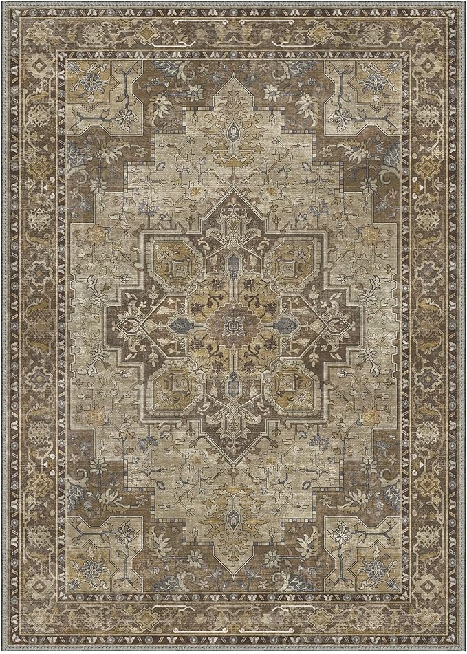 GENIMO 6x9 Area Rugs for Living Room, Machine Washable Non Slip Vintage Rugs, Low Pile Lightweight Chenille Print Rug for Bedroom, Dining Room, Home Office, Rustic Brown