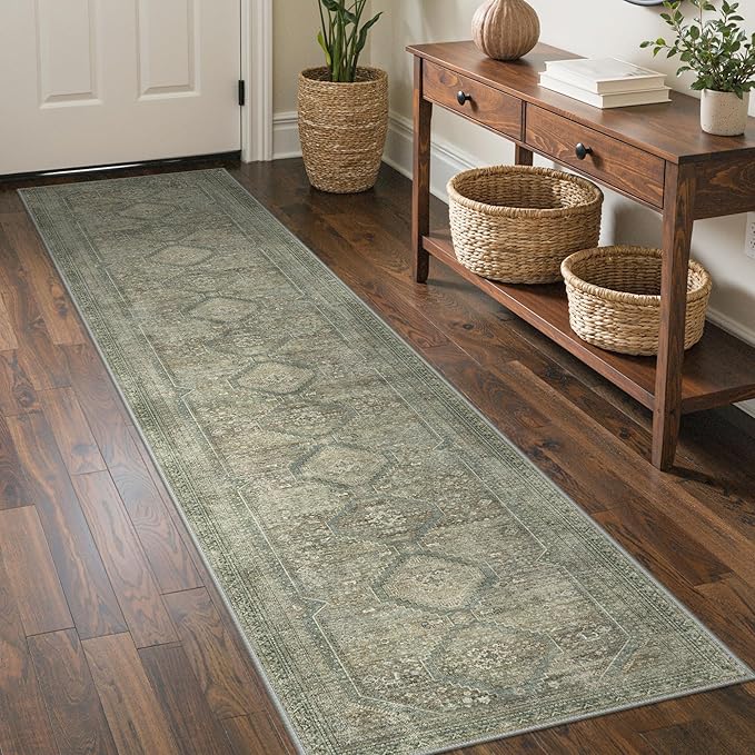 GENIMO Runner Rug 2x10 Non Slip Machine Washable Hallway Runner Rug, Low Pile Lightweight Rugs for Entryway, Hallway, Kitchen and Corridor, Sage/Blue