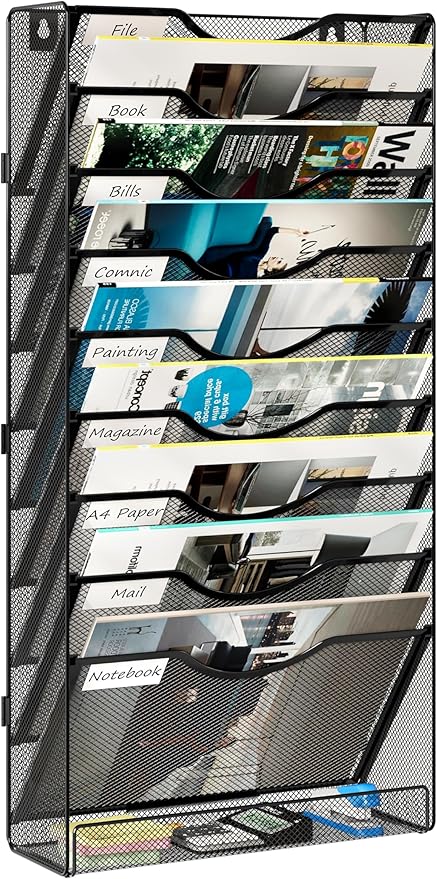 Solinxe 10 Tier Wall File Organizer, Vertical Mesh Paper Mail Organizer Wall Mounted Magazine Rack, Metal Clipboard Storage for Office, Home, Classroom, Black