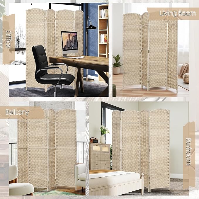 HOMCOM 4 Panel Room Divider, 6' Tall Folding Privacy Screen, Hand-Woven Freestanding Wall Partition for Home Office, Bedroom, Washed Oak