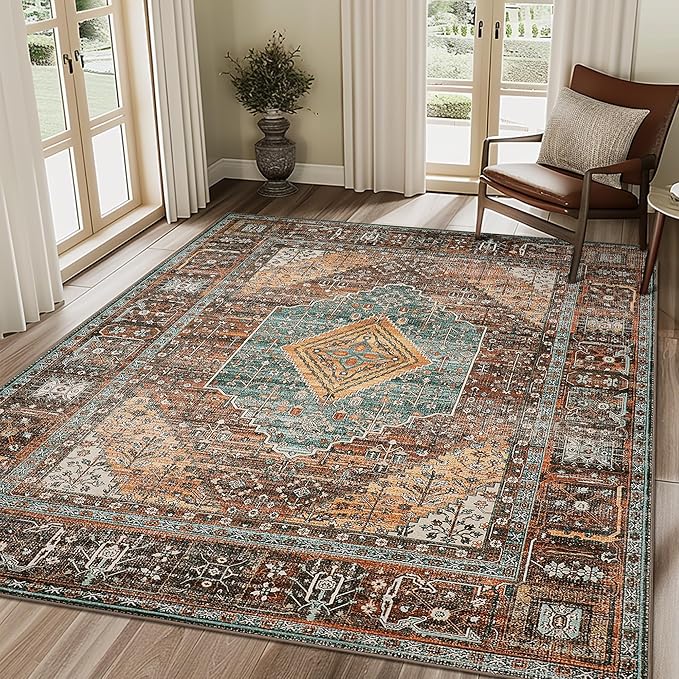 GENIMO 4x6 Area Rugs for Living Room, Machine Washable Rug, Non Slip Vintage Rugs, Low Pile Lightweight Chenille Print Rug for Bedroom, Dining Room, Home Office, Vintage Brown/Blue