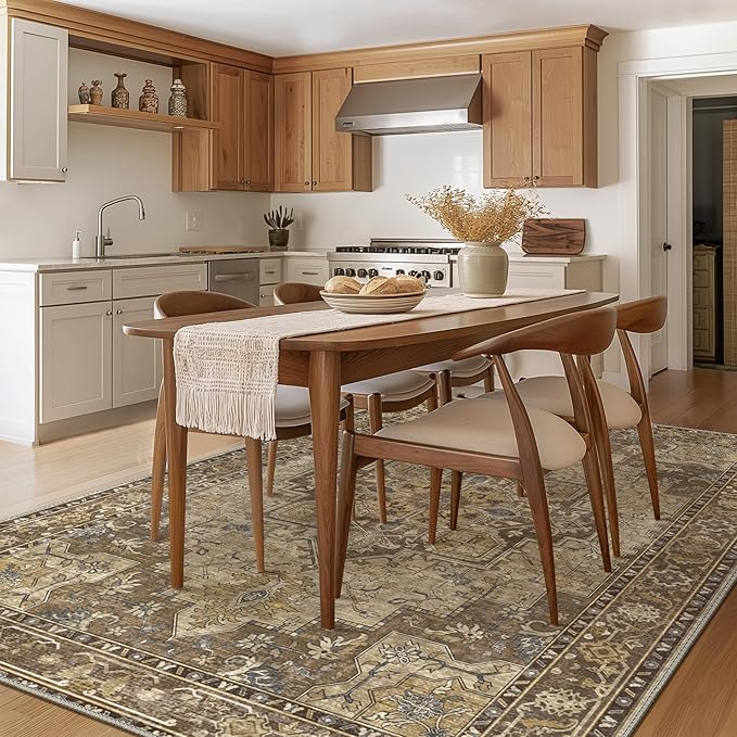 GENIMO 6x9 Area Rugs for Living Room, Machine Washable Non Slip Vintage Rugs, Low Pile Lightweight Chenille Print Rug for Bedroom, Dining Room, Home Office, Rustic Brown