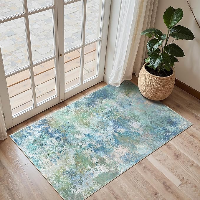 GENIMO 2x3 Rugs for Entryway Entrance, Modern Lightweight Rug Ultra Soft Indoor Area Rugs 2x3 for Bedroom Kitchen Bathroom, Low Pile Carpet with Non Slip Backing, Blue Green