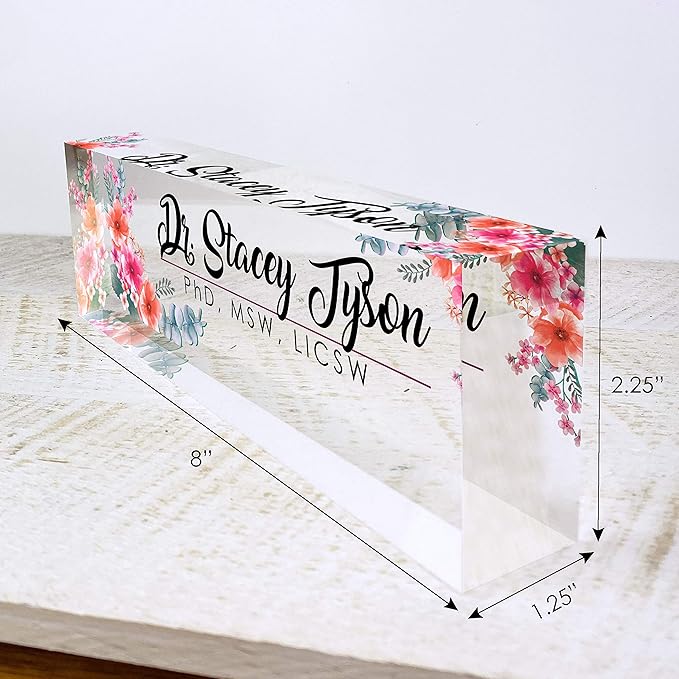 Artblox Office Desk Name Plate Personalized | Custom Name Plates for Desks | Flowers Wild Design On Clear Acrylic Glass | Office Desk Decor - (8" x 2.5")