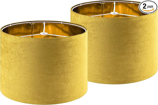 GO&SO Set of 2 Large Drum Yellow Velvet Lamp Shade -16" Top x 16" Bottom x 12" High(Spider) Modern Lamp Shades For Table Lamps & Bedside Lamp Replacement Lampshade, Hand Crafted, Required Assembly