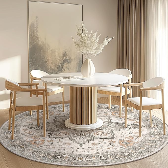 GENIMO 6FT Round Area Rugs for Living Room, Circle Rugs Machine Washable Low Pile, Chenille Non Slip Vintage Rug for Bedroom, Dining Room, Home Office, Light Taupe Brown