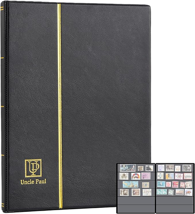 Stamp Albums 120 Pockets - Stockbooks with 40x197mm Sleeves, 10 Double Sided Black Page with Leatherette Padded Black Cover, Collection Storage Folder for Paper Money Postage Stamps AS0106BK
