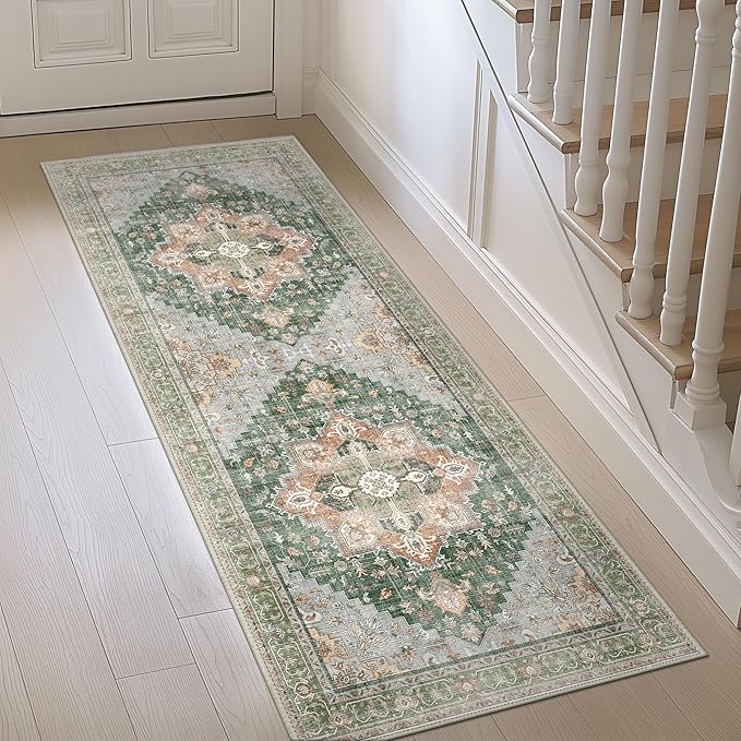 GENIMO 2'6"x8 Runner Rugs for Hallway, Machine Washable Non Slip Vintage Rugs, Low Pile Lightweight Soft Print Rug for enrtyway, Corridor, Home Office, Kitchen,Sage Green