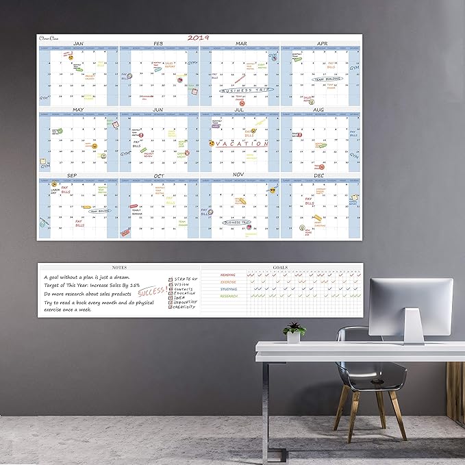 CLEVER CLEAN Large Dry Erase Wall Calendar 5 Feet- 48"x60" 2026 Undated Yearly Planner for Home, Office, School Projects - Jumbo Erasable Laminated Task Organizer