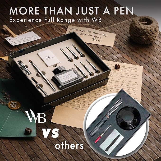 Wordsworth & Black Calligraphy Pen Gift Set, Includes Bottle, 6 Cartridges, 1 Refill Converter, 6 Replacement Nibs, Premium Package, Journaling, Smooth Writing Pens [Silver Chrome]