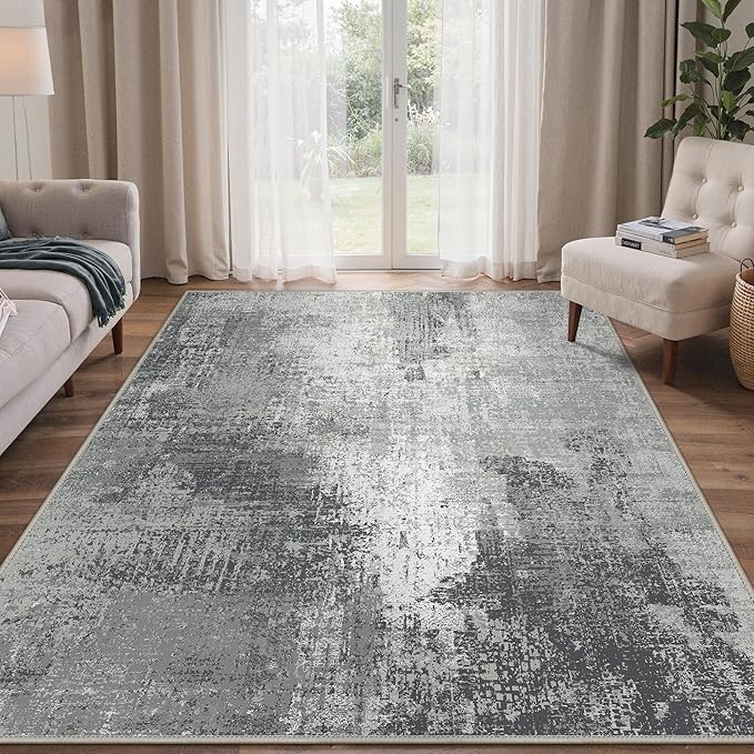 GENIMO Washable Area Rugs for Living Room, 8x10 Modern Non Slip Rugs, Low Pile Lightweight Soft Print Rug for Bedroom, Dining Room, Home Office, Washed Ink Grey White
