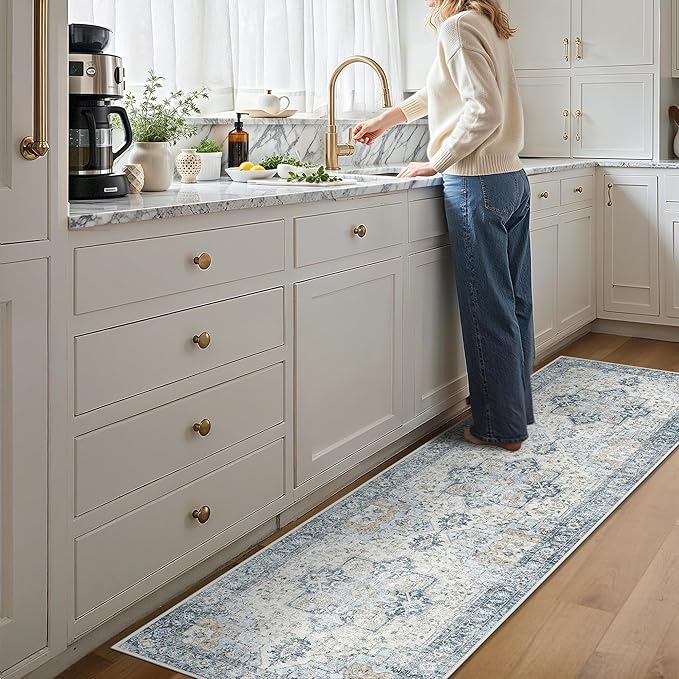 GENIMO Runner Rug 2x8, Non Slip Vintage Hallway Runner Rugs, Low Pile Lightweight Machine Washable Mat for Hallway, Entryway, Bedroom, Kitchen and Corridor, Blue