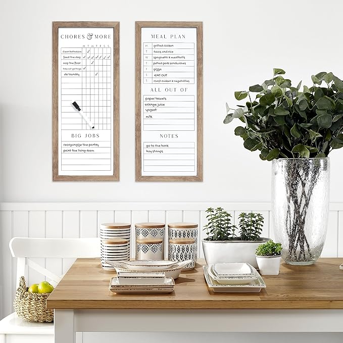 Sheffield Home Set of Two Family Planner Dry Erase Boards Featuring, Chore Chart, Shopping List, Weekly Meal Planner and Notes, 9x21 Inch, Natural