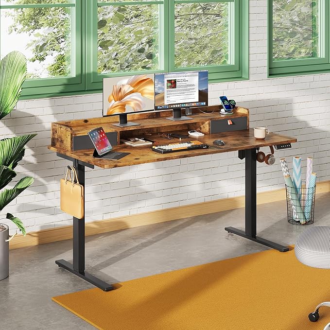 DEVAISE 55×28 Inch Electric Standing Desk with Drawers, Computer Desk with 3 Adjustable Height, Storage Shelf, Built-in USB Outlets and Memory Preset, Sit to Stand Desk for Home Office, Rustic Brown