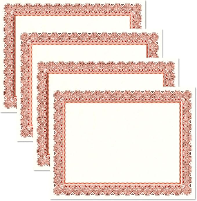 Elite Red & White Parchment Certificate Papers - Pack of 100, Laser & Inkjet Printer Compatible, For Office, Business Awards, Graduation, School Diplomas, 8-1/2" x 11" on 60 lb.Text Stock