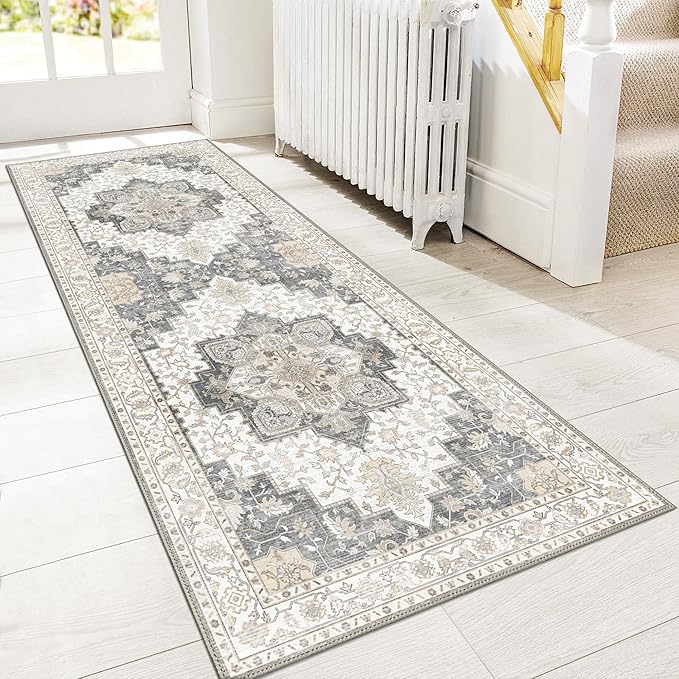 GENIMO 2x5 Runner Rugs for Hallway, Machine Washable Non Slip Vintage Retro Rugs, Low Pile Lightweight Soft Print Rug for enrtyway, Corridor, Home Office, Kitchen, Heathered Grey