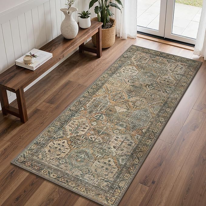 GENIMO 2x5 Runner Rugs for Hallway, Machine Washable Non Slip Vintage Rugs, Low Pile Lightweight Soft Print Rug for enrtyway, Corridor, Home Office, Kitchen, Warm Taupe