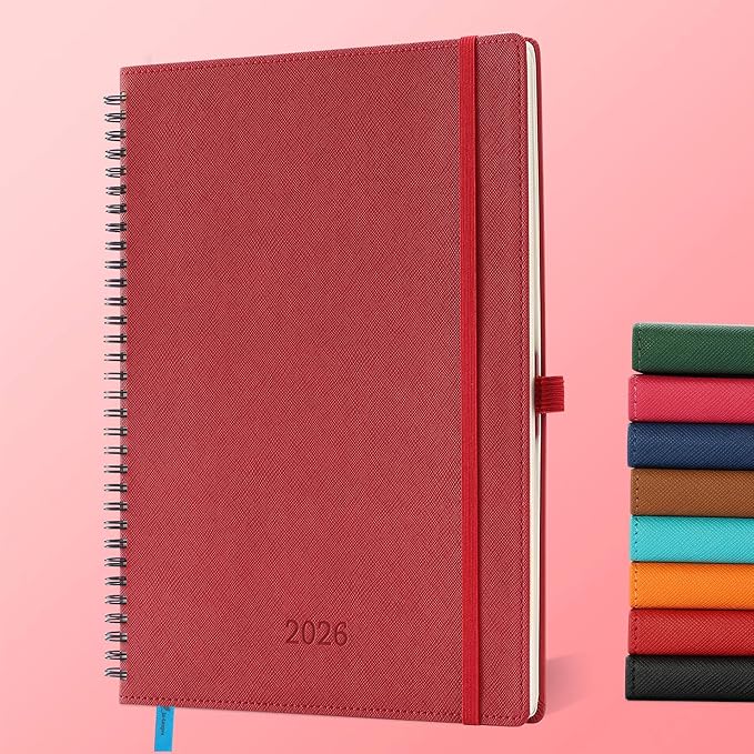 IN-LUXPRO Planner 2026 Daily Weekly and Monthly,11.5"x8.5",12 Months Spiral Bound Calendar Agenda with Self-adhesive Pen Holder,2026 Appointment Book with Vegan Leather Soft Cover,Red