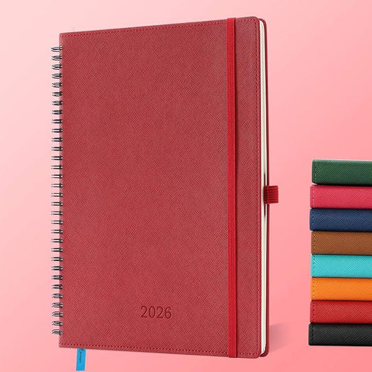 IN-LUXPRO Planner 2026 Daily Weekly and Monthly,11.5"x8.5",12 Months Spiral Bound Calendar Agenda with Self-adhesive Pen Holder,2026 Appointment Book with Vegan Leather Soft Cover,Red