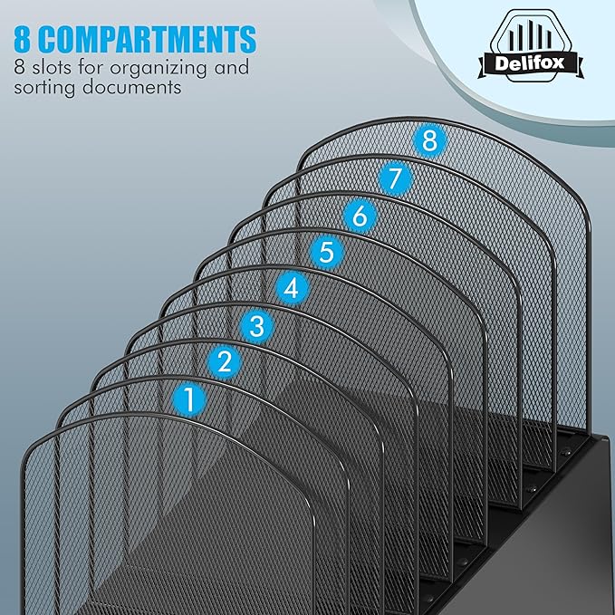 Inclined Desk File Organizer, 8-Section Upright Desk Organizer File Sorter for Office Classroom Desktop Organization, Black, 1Pack