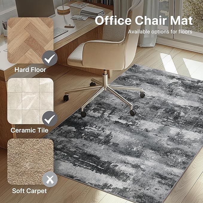 Office Chair Mat for Hardwood Tile Floor, Abstract 48"X 60" Desk Mats for Office Chair on Rolling Chairs Carpet, Desk Anti-Slip 1/5" Thick Rug for Computer Chair, Thin Low-Pile Floor Mat, Dark