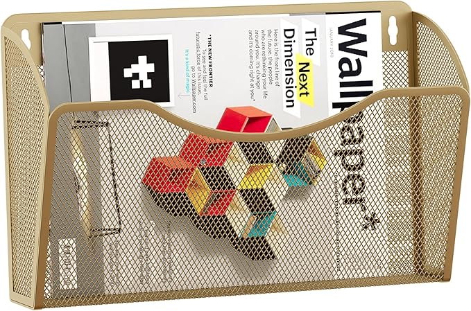 EasyPAG Single Pocket Wall File Organizer, Mesh Hanging File Folder Organizer for Letter/A4 Size Folders, Wall Mounted Vertical Mail Holder for Paperwork, Office, Home, School, Gold