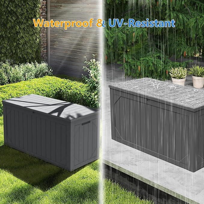 PATIOEASY 100 Gallon Waterproof Large Resin Deck Box，Storage Box for Patio Cushions(Grey)