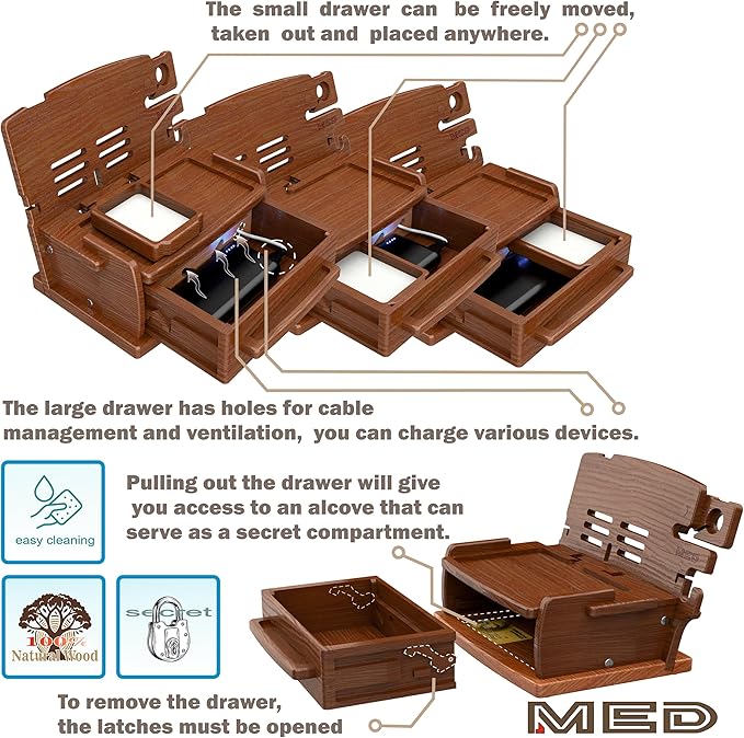 MED Wood Phone Docking Station – Nightstand Desk Organizer for Phone, Watch, Wallet & Tablet – Gift for Men, Husband, Dad & Women – Wooden Charging Stand (Dark Walnut, Model 3)