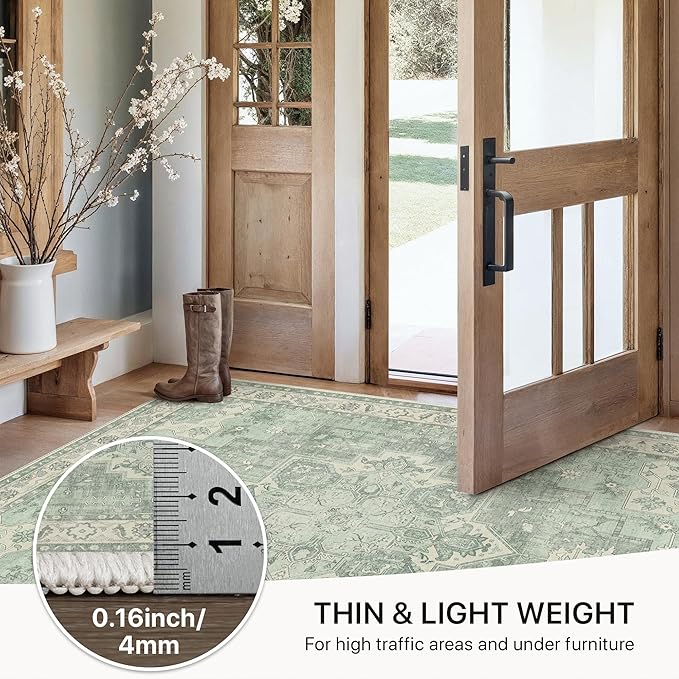 GENIMO 2'6''x6 Runner Rugs for Hallway, Machine Washable Non Slip Vintage Rugs, Low Pile Lightweight Soft Print Rug for enrtyway, Corridor, Home Office, Kitchen, Light Green