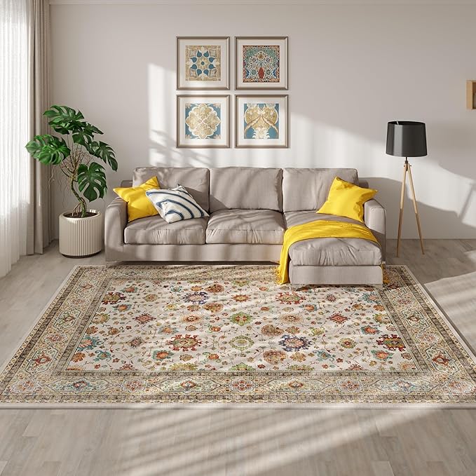 Rugcomf Area Rugs 8x10 for Living Room Clearance, Machine Washable Boho Rug, Non Slip Vintage Low Pile Large Carpet for Bedroom, Farmhouse, Dining Room, Kids Playroom (Colorful)