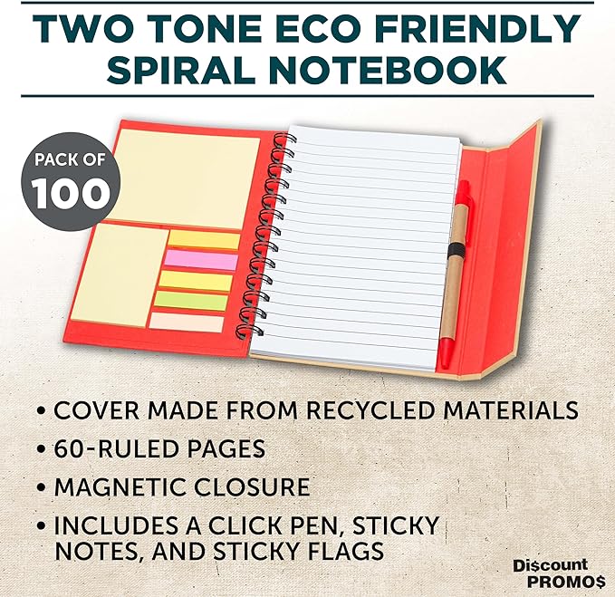 DISCOUNT PROMOS Custom Eco Friendly Spiral Notebooks with Pens Set of 100, Personalized Bulk Pack - Perfect for School, Office, Home - Red