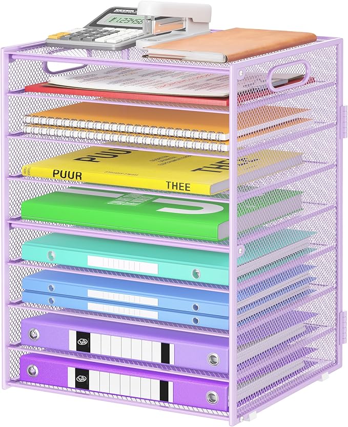 Cawukege 9 Tier Paper Organizer with Handle, Large Capacity Desk Organizer Mesh File Folder Letter Paper Tray Desktop Document Sorter for Classroom, School, and Office Accessories Organization- Purple